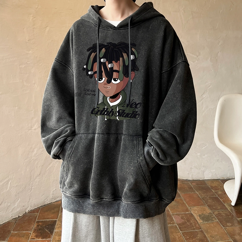 极限涡轮 潮牌脏辫孩印花连帽重磅宽松水洗做旧卫衣 男女同款