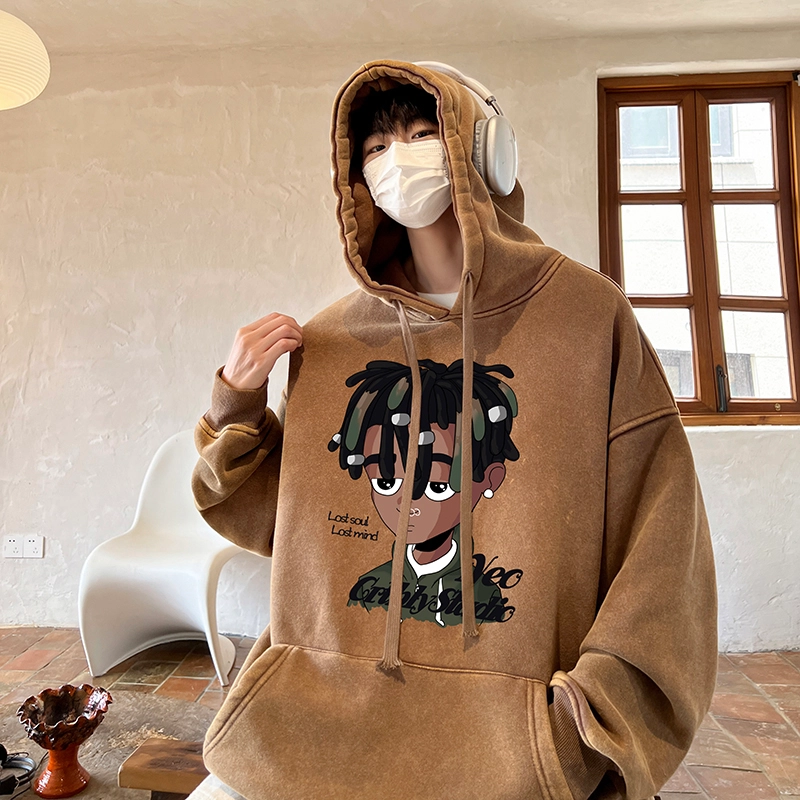 极限涡轮 潮牌脏辫孩印花连帽重磅宽松水洗做旧卫衣 男女同款