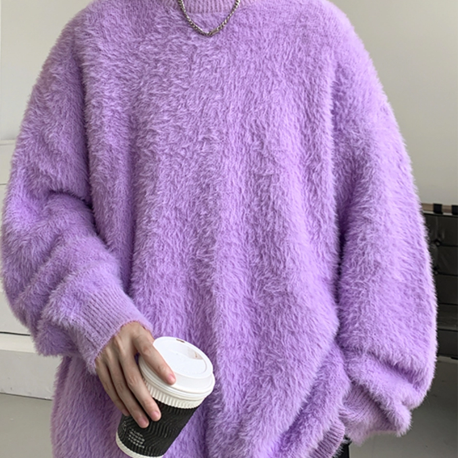 极限涡轮 美式街头风貂毛纯色加厚慵懒时尚休闲百搭宽松圆领针织衫 男女同款