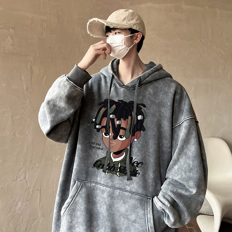 极限涡轮 潮牌脏辫孩印花连帽重磅宽松水洗做旧卫衣 男女同款