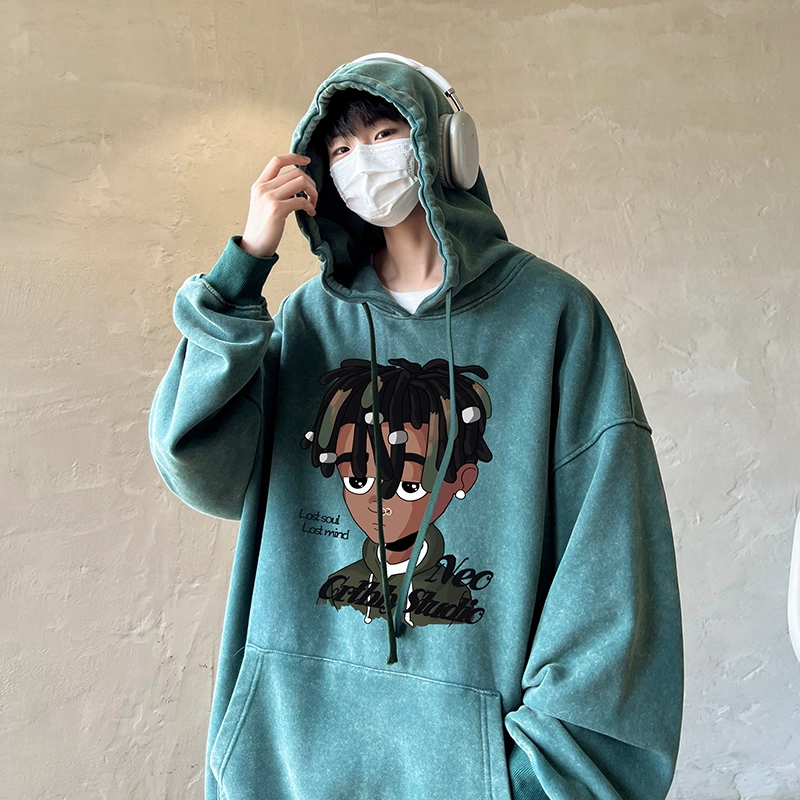 极限涡轮 潮牌脏辫孩印花连帽重磅宽松水洗做旧卫衣 男女同款