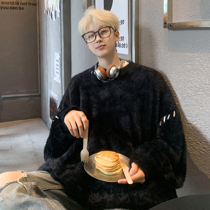 极限涡轮 美式复古百搭慵懒风撞色貂毛厚款宽松休闲圆领套头时尚纯色潮流长袖针织衫 男女同款