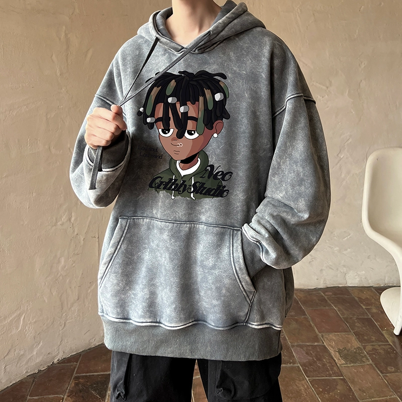 极限涡轮 潮牌脏辫孩印花连帽重磅宽松水洗做旧卫衣 男女同款