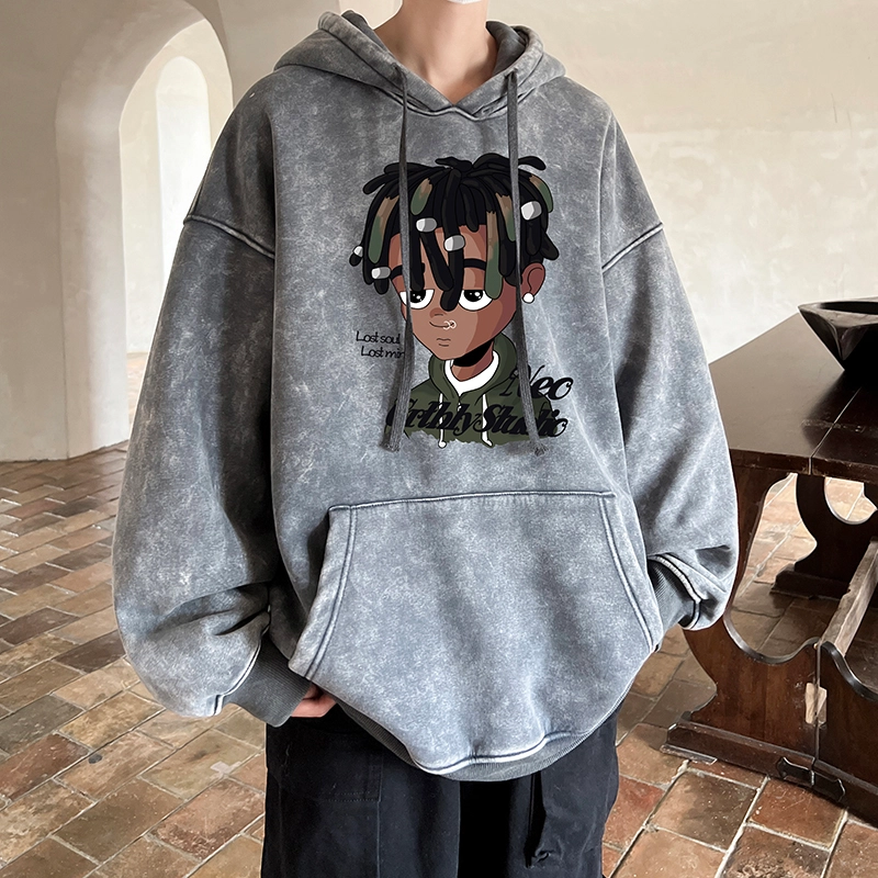 极限涡轮 潮牌脏辫孩印花连帽重磅宽松水洗做旧卫衣 男女同款