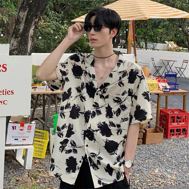 寻星记 美式复古花卉满印冰丝垂感慵懒度假风痞帅宽松百搭夏季短袖衬衣衬衫 男女同款