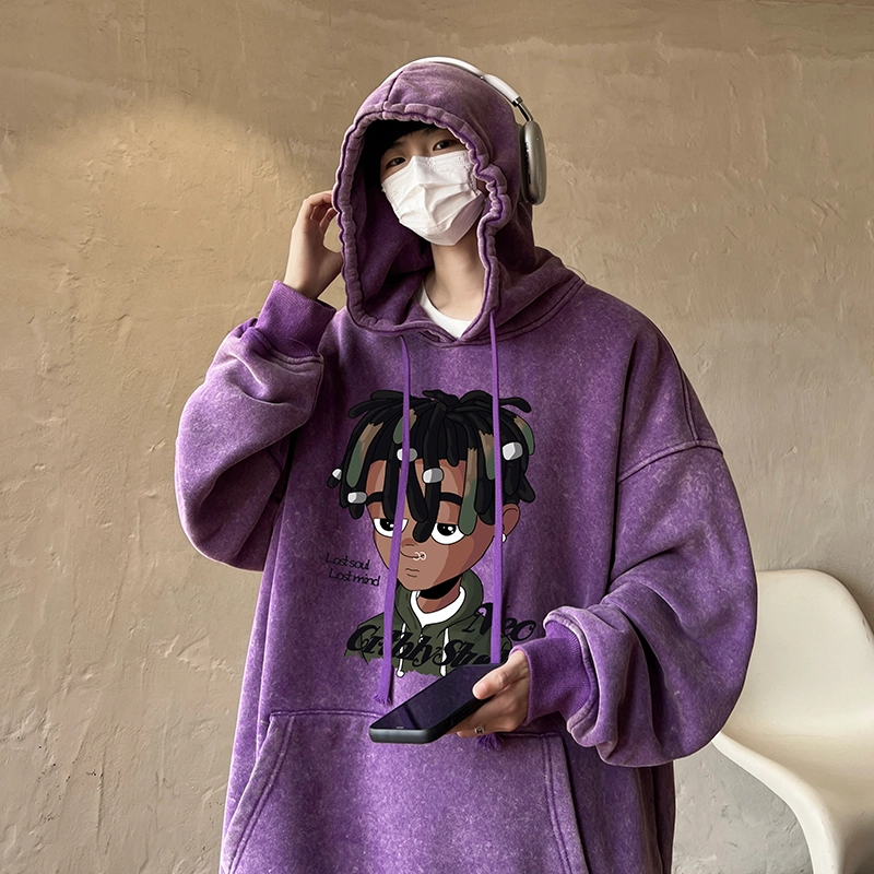 极限涡轮 潮牌脏辫孩印花连帽重磅宽松水洗做旧卫衣 男女同款