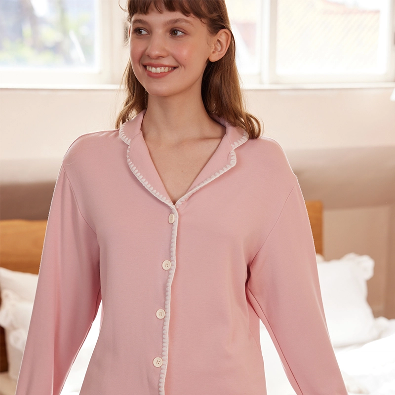 弗利少女 贝壳绣翻领保暖睡衣秋冬棉质长袖家居服套装 家居套装 女款