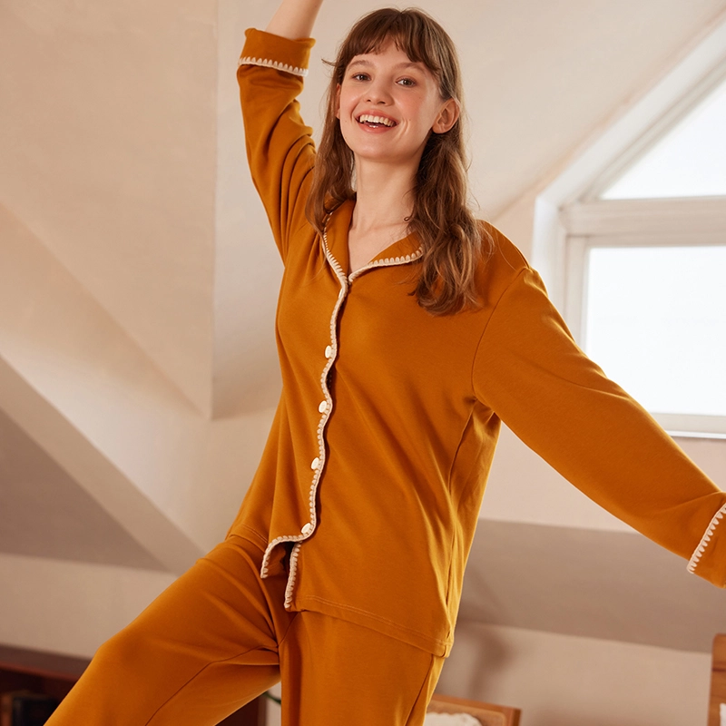 弗利少女 贝壳绣翻领保暖睡衣秋冬棉质长袖家居服套装 家居套装 女款