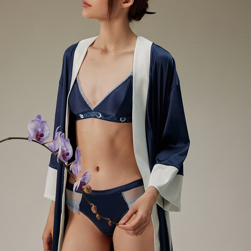 弗利少女 星云系列  缎面蕾丝织带文胸薄款无钢圈性感小胸内衣裤套装 女款 月隐蓝