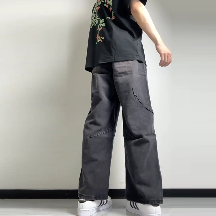 捷帕 美式潮牌宽松阔腿个性褶皱解构设计垂感复古水洗做旧中腰直筒裤高街休闲百搭长裤牛仔裤 男女同款