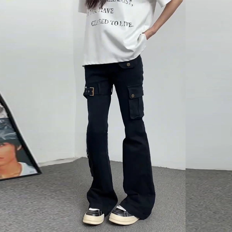 捷帕 美式高街复古多口袋绷带设计工装微喇长裤水洗做旧弯刀潮牌痞帅街头纯色简约百搭宽松中腰休闲通勤牛仔裤 男女同款