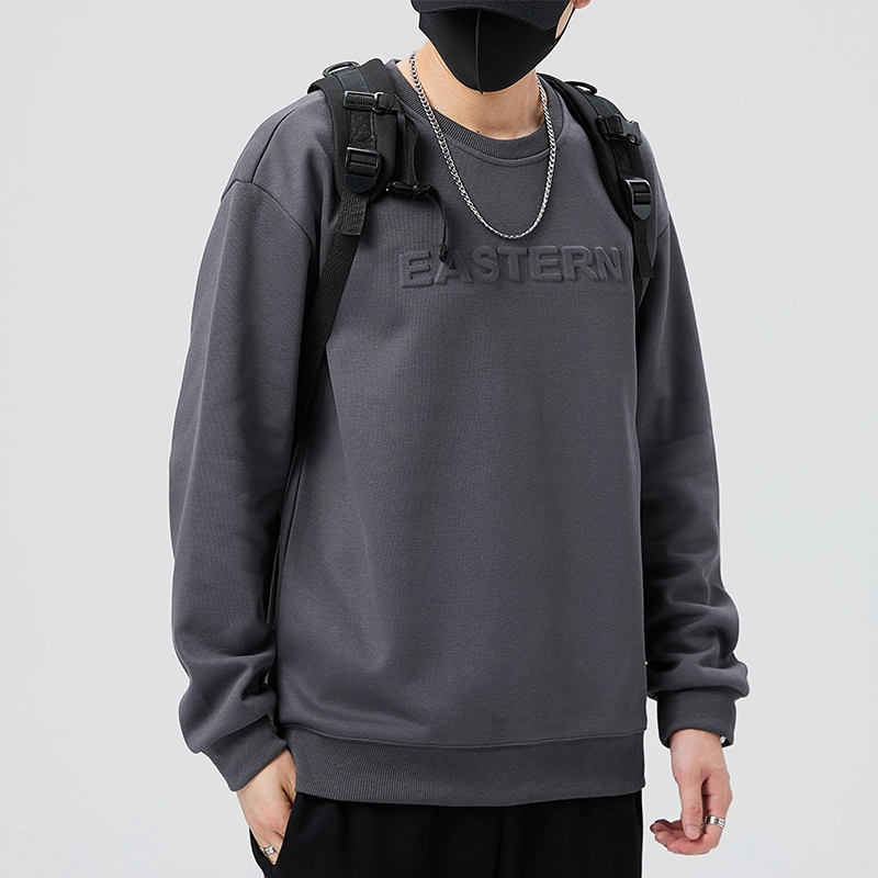 捷帕 美式潮牌立体印花纯色简约百搭长袖打底衫宽松大码保暖舒适圆领套头复古基础款卫衣 男女同款