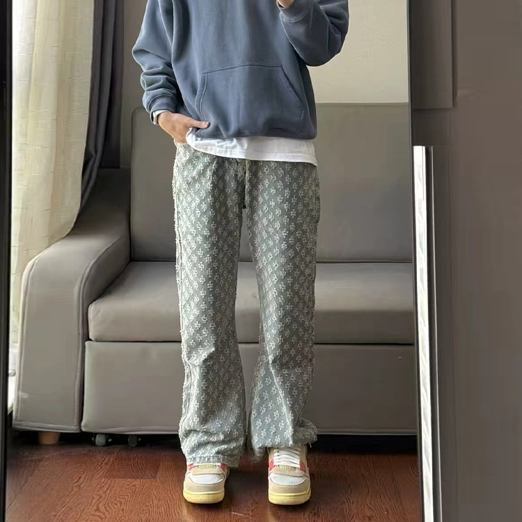捷帕 美式高街设计感个性提花满印微喇长裤水洗复古做旧时尚潮流宽松阔腿垂感纯色百搭休闲通勤牛仔裤 男女同款