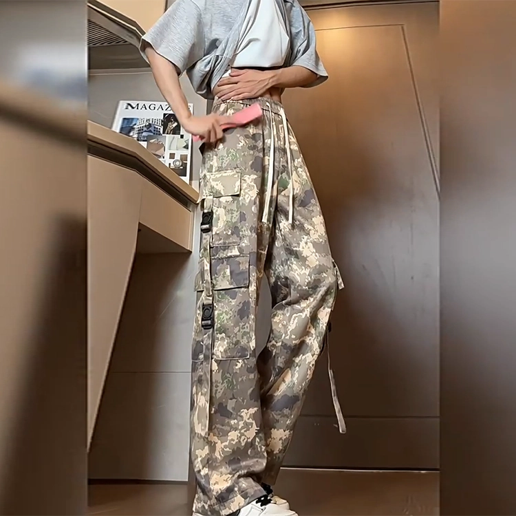 捷帕 冰丝凉感垂感薄款多口袋工装迷彩长裤美式高街潮牌宽松阔腿抽绳水洗复古做旧军事废土风休闲通勤百搭牛仔裤 男女同款