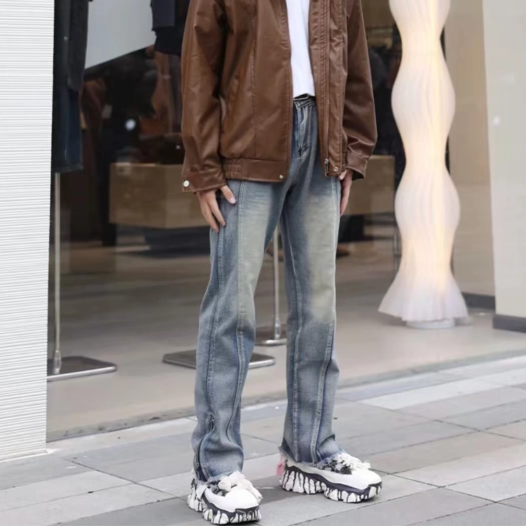 捷帕 美式高街水洗复古做旧拼接脚口毛边侧拉链设计时尚潮流痞帅微喇宽松中腰日常通勤休闲百搭牛仔裤 男女同款