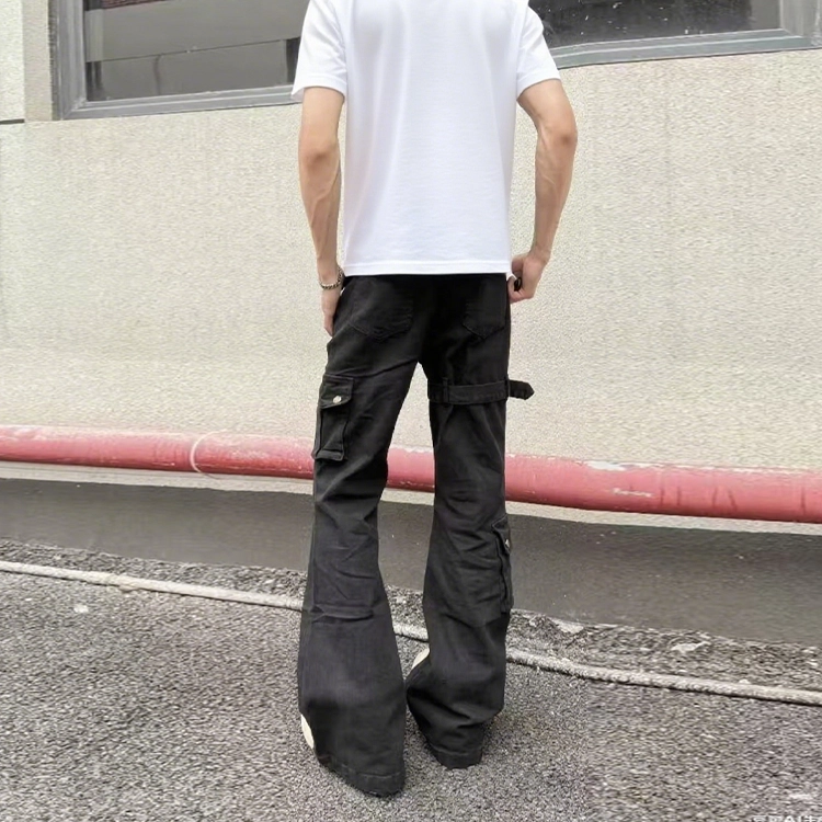 捷帕 美式高街复古多口袋绷带工装微喇长裤弯刀潮牌痞帅街头纯色简约百搭宽松中腰休闲通勤牛仔裤 男女同款