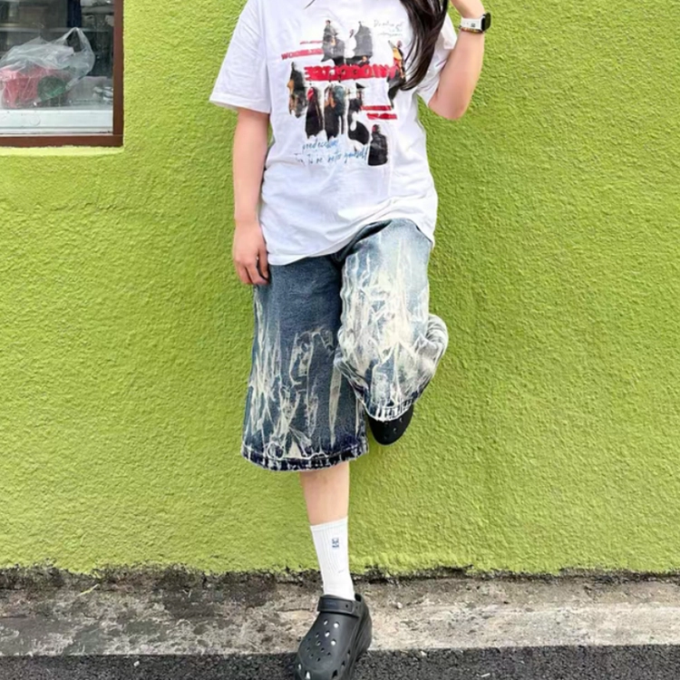 捷帕 美式潮牌火焰闪电纹七分过膝裤时尚高街潮流痞帅复古做旧宽松中腰休闲通勤百搭牛仔短裤 男女同款