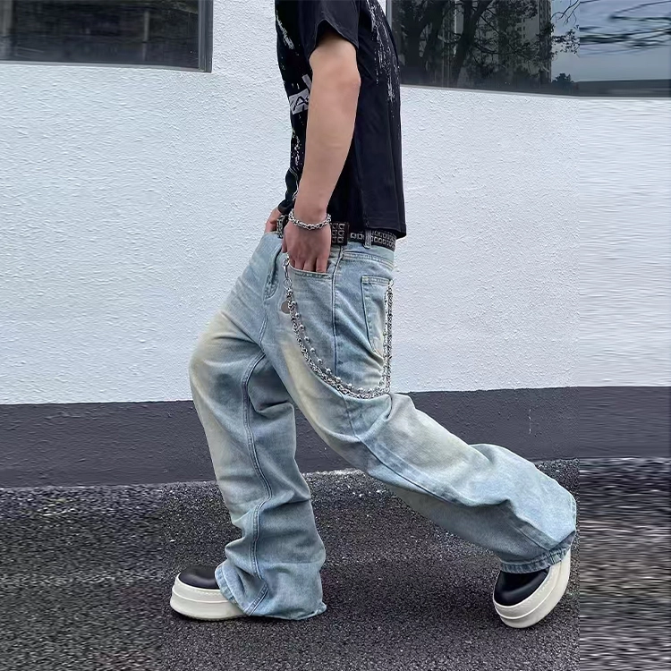 捷帕 美式复古竹节纹水洗做旧渐变色长裤高街潮牌宽松阔腿弯刀中腰主直筒休闲通勤百搭牛仔裤 男女同款