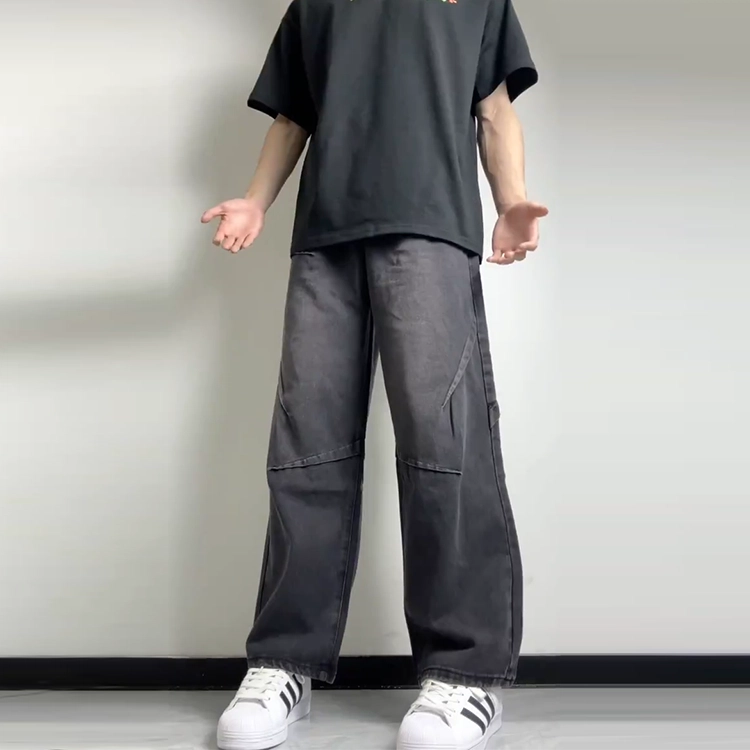 捷帕 美式潮牌宽松阔腿个性褶皱解构设计垂感复古水洗做旧中腰直筒裤高街休闲百搭长裤牛仔裤 男女同款