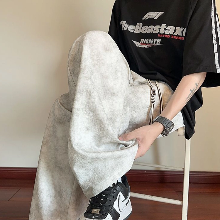 捷帕 时尚港风冰丝凉感薄款扎染抽绳长裤美式高街潮牌水洗复古宽松直筒垂感日常通勤百搭牛仔裤 男女同款