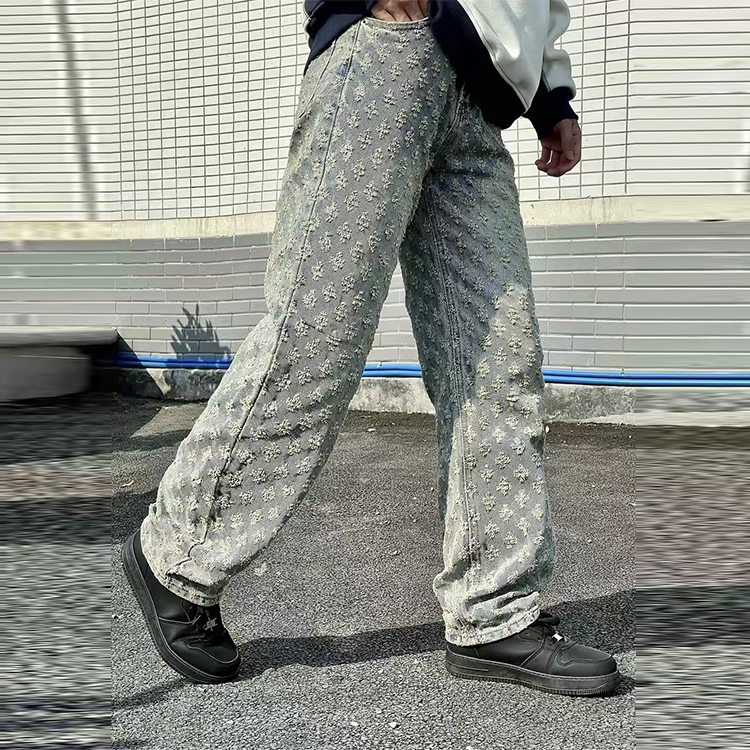 捷帕 美式高街设计感个性提花满印微喇长裤水洗复古做旧时尚潮流宽松阔腿垂感纯色百搭休闲通勤牛仔裤 男女同款