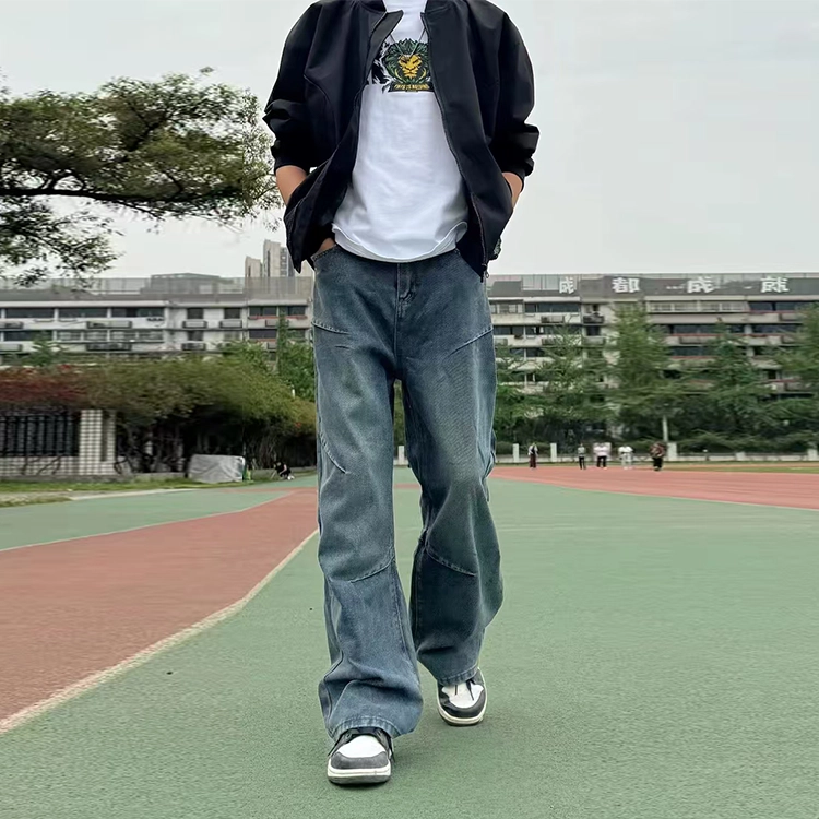 捷帕 美式潮牌宽松阔腿个性褶皱解构设计垂感复古水洗做旧中腰直筒裤高街休闲百搭长裤牛仔裤 男女同款