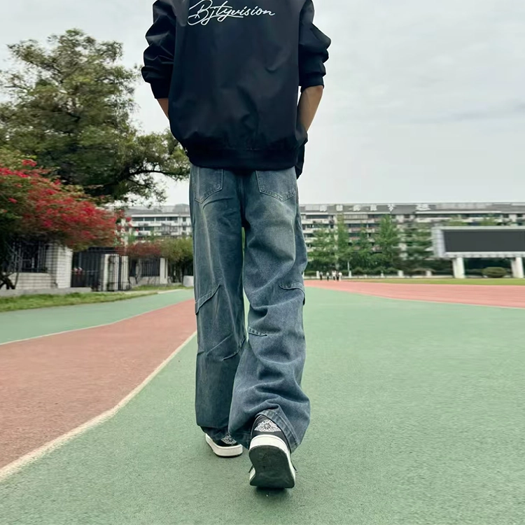 捷帕 美式潮牌宽松阔腿个性褶皱解构设计垂感复古水洗做旧中腰直筒裤高街休闲百搭长裤牛仔裤 男女同款