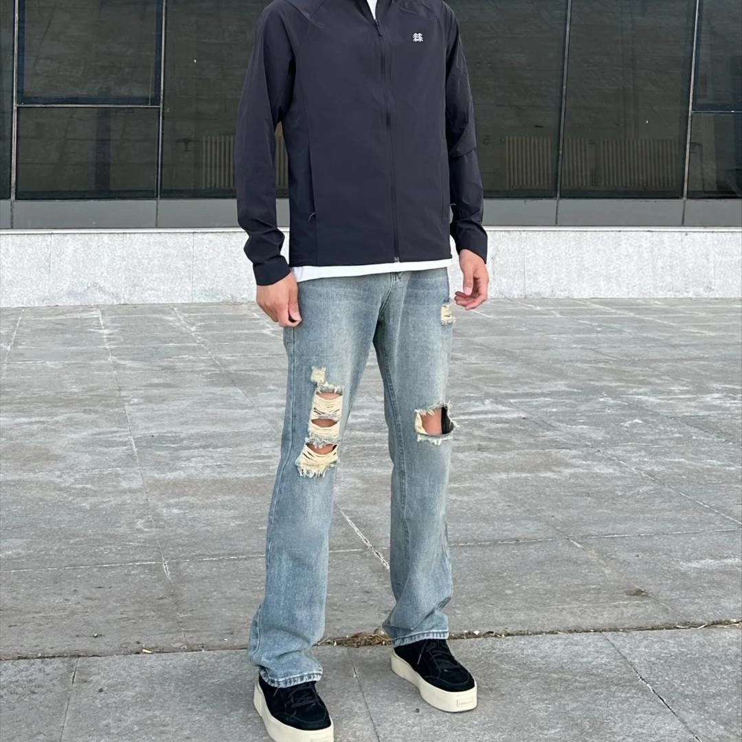 捷帕 美式高街复古水洗做旧小众潮牌中腰直筒日常休闲百搭牛仔裤 男女同款