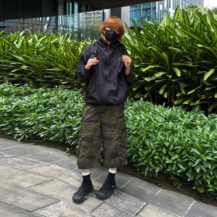 捷帕 美式潮牌户外山系多口袋伐木工装裤水洗复古做旧废土风潮流高街中腰宽松直筒拼接垂感休闲通勤百搭七分裤牛仔短裤 男女同款