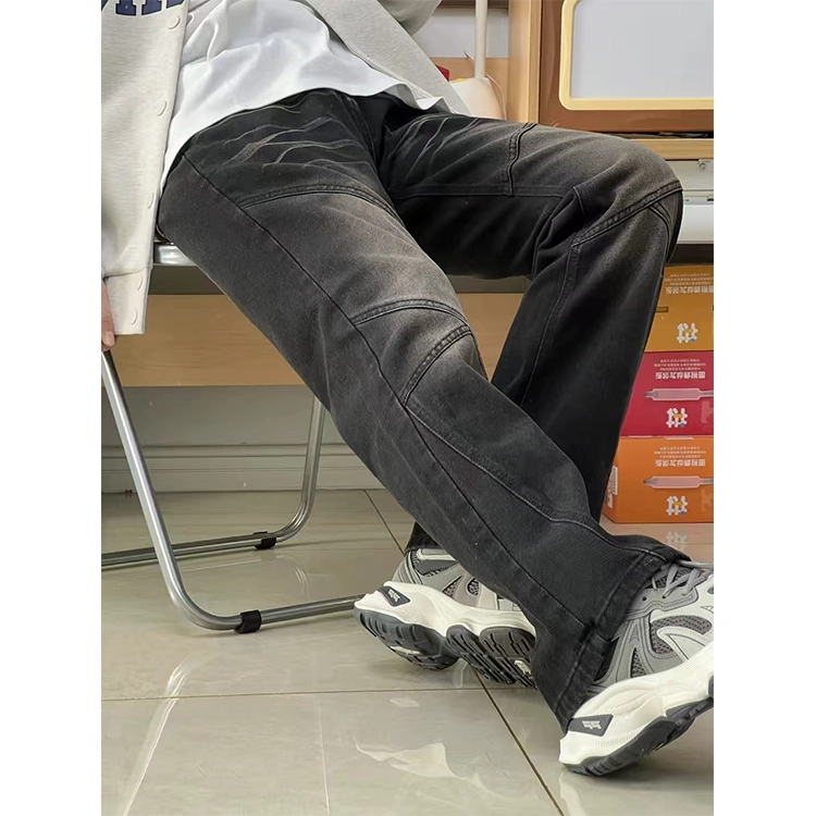 捷帕 美式高街潮牌小众设计感明线拼接纯色时尚潮流水洗复古做旧日常通勤休闲百搭弯刀宽松中腰长裤牛仔裤 男女同款