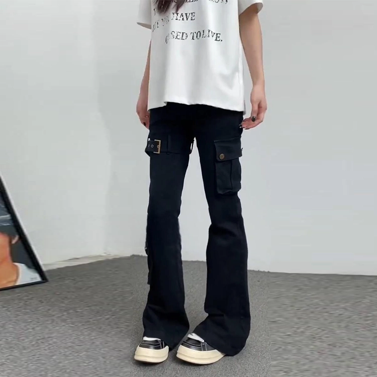 捷帕 美式高街复古多口袋绷带设计工装微喇长裤水洗做旧弯刀潮牌痞帅街头纯色简约百搭宽松中腰休闲通勤牛仔裤 男女同款