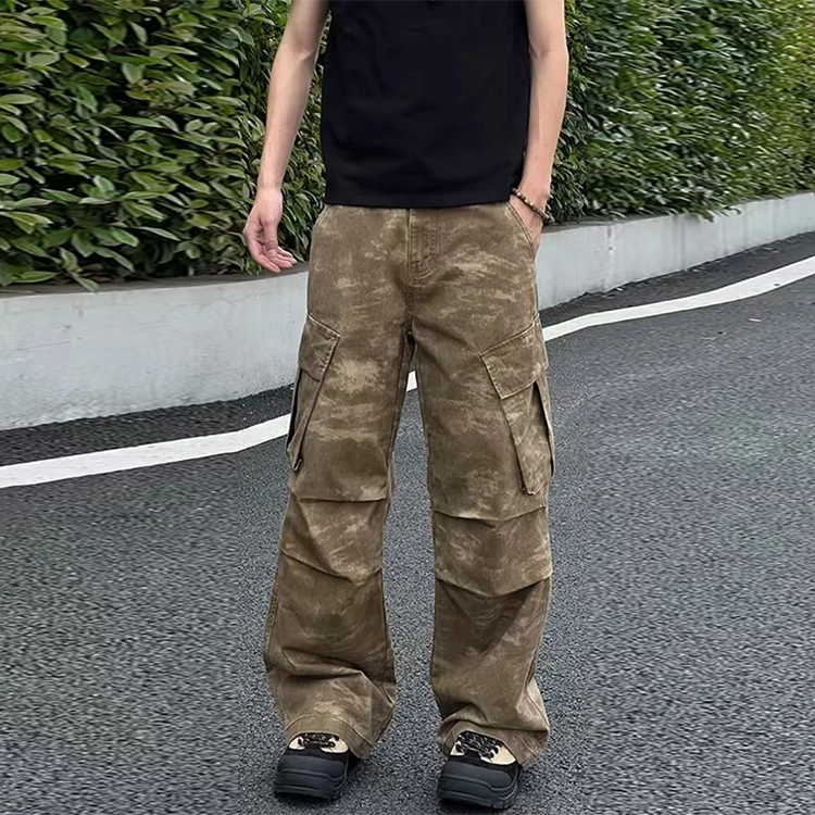 捷帕 美式复古高街潮流大口袋工装迷彩长裤水洗做旧褶皱舒适宽松中腰直筒垂感拖地通勤休闲百搭牛仔裤 男女同款