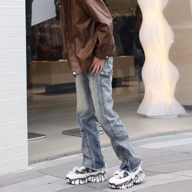 捷帕 美式高街水洗复古做旧拼接脚口毛边侧拉链设计时尚潮流痞帅微喇宽松中腰日常通勤休闲百搭牛仔裤 男女同款