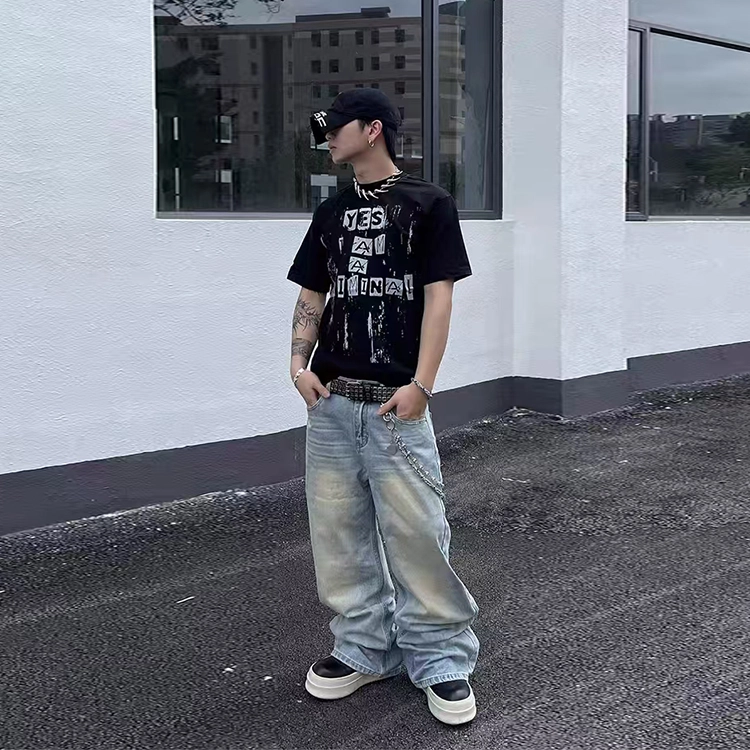 捷帕 美式复古竹节纹水洗做旧渐变色长裤高街潮牌宽松阔腿弯刀中腰主直筒休闲通勤百搭牛仔裤 男女同款