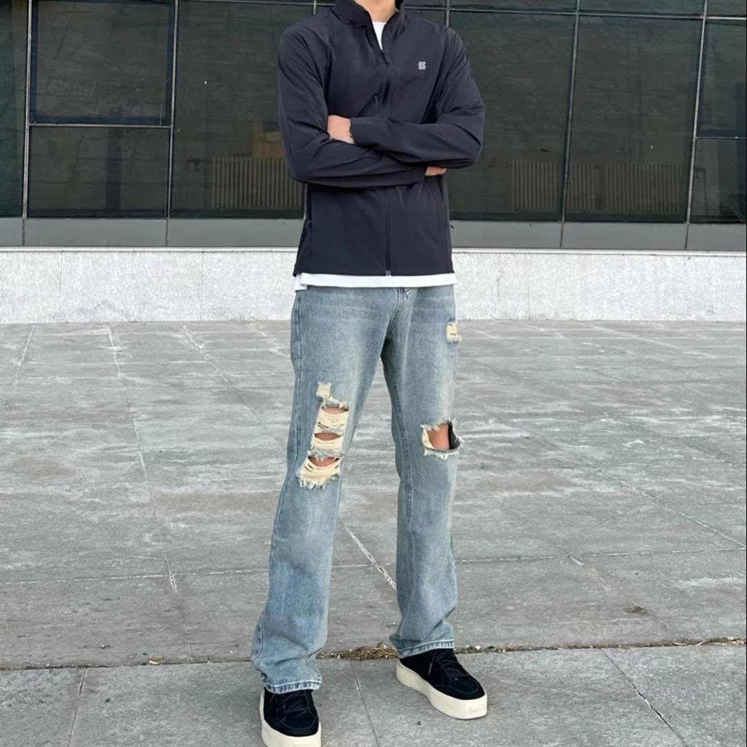 捷帕 美式高街复古水洗做旧小众潮牌中腰直筒日常休闲百搭牛仔裤 男女同款