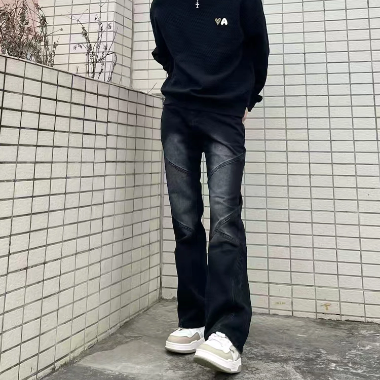 捷帕 美式高街潮牌小众设计感明线拼接纯色时尚潮流水洗复古做旧日常通勤休闲百搭弯刀宽松中腰长裤牛仔裤 男女同款