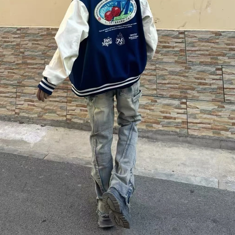 捷帕 美式高街水洗复古做旧拼接脚口毛边侧拉链设计时尚潮流痞帅微喇宽松中腰日常通勤休闲百搭牛仔裤 男女同款
