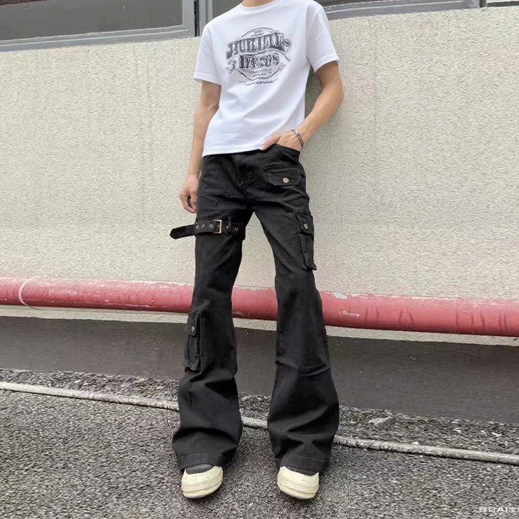 捷帕 美式高街复古多口袋绷带工装微喇长裤弯刀潮牌痞帅街头纯色简约百搭宽松中腰休闲通勤牛仔裤 男女同款