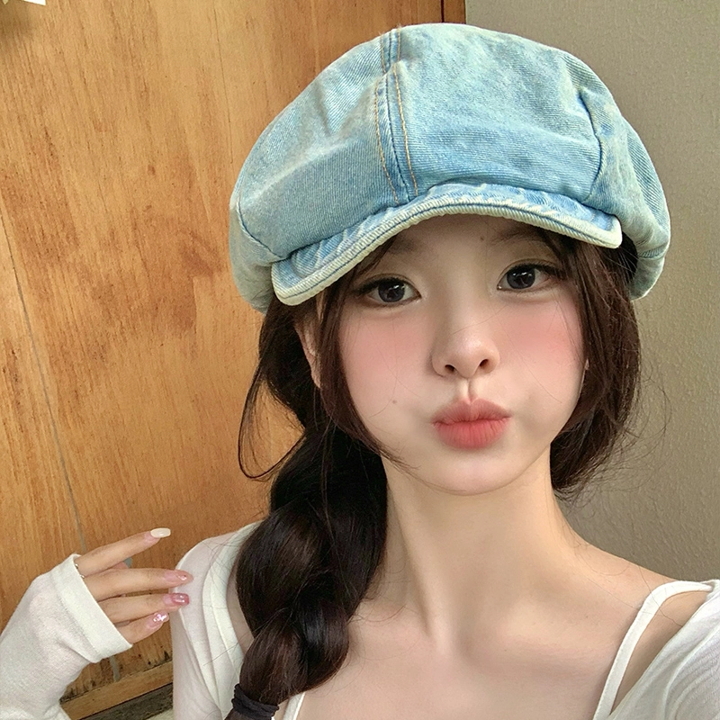 艾佳微 八角帽复古文艺画家帽夏季报童帽百搭帽子 牛仔布 贝雷帽 男女同款情侣款