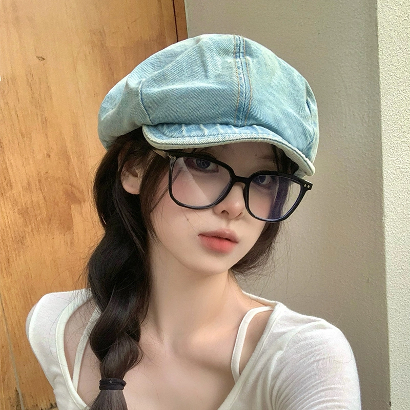 艾佳微 八角帽复古文艺画家帽夏季报童帽百搭帽子 牛仔布 贝雷帽 男女同款情侣款