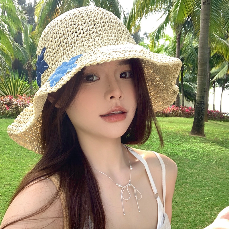 艾佳微 海边沙滩甜美小清新拍照百搭户外防晒防紫外线遮阳 草编 渔夫帽 男女同款情侣款