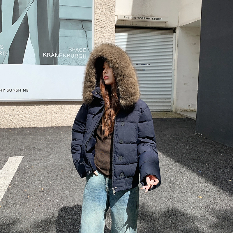 红蜻蜓 冬季百搭连帽毛领保暖棉袄时尚复古短款棉衣外套棉服 男女同款