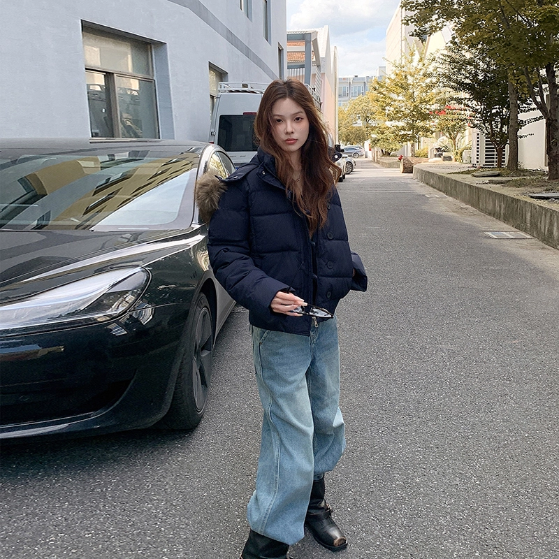 红蜻蜓 冬季百搭连帽毛领保暖棉袄时尚复古短款棉衣外套棉服 男女同款