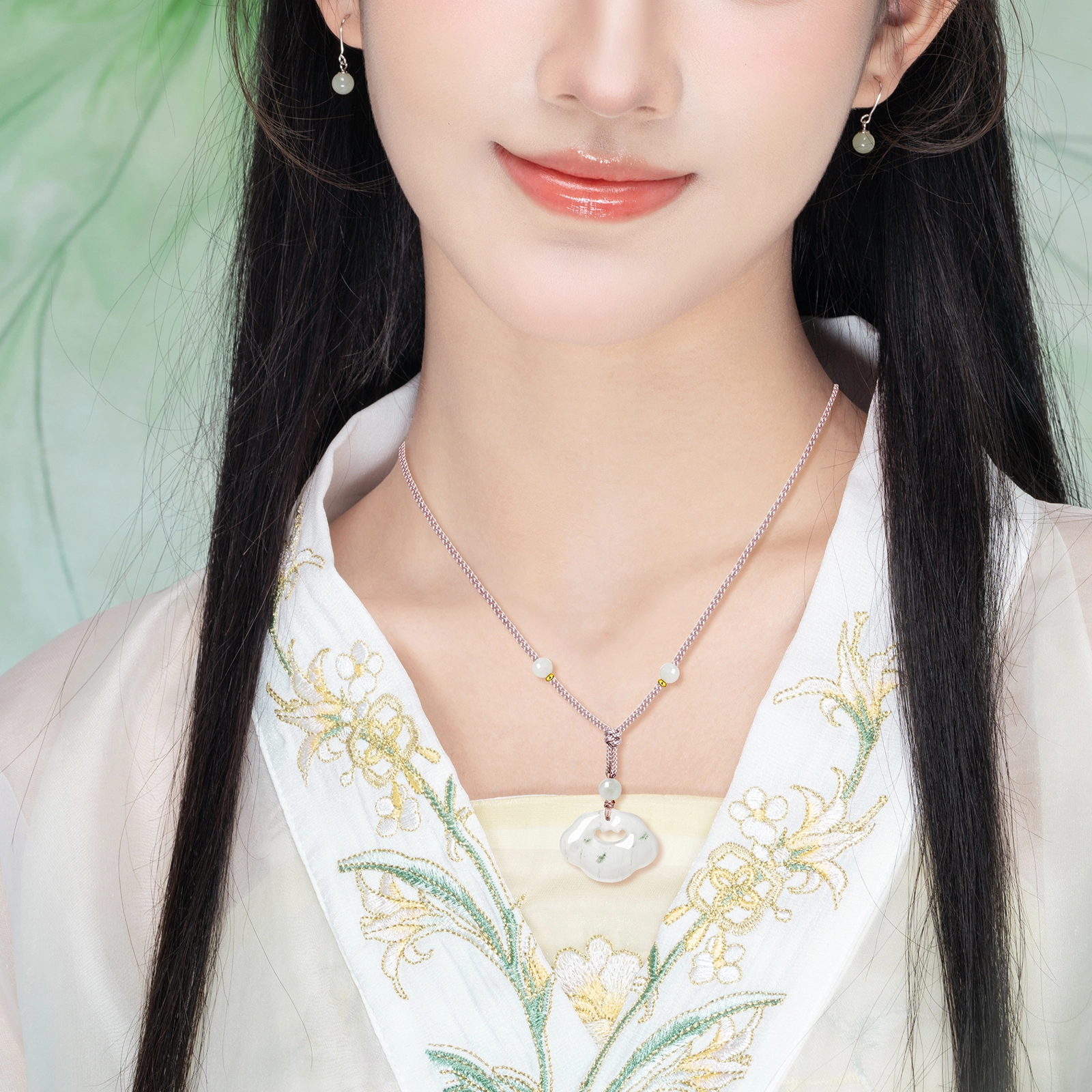 老银坊 国风祥云平安锁 文玩大气玉如意锁包链 新中式国潮好运编绳 天山翠 项链 男女同款情侣款