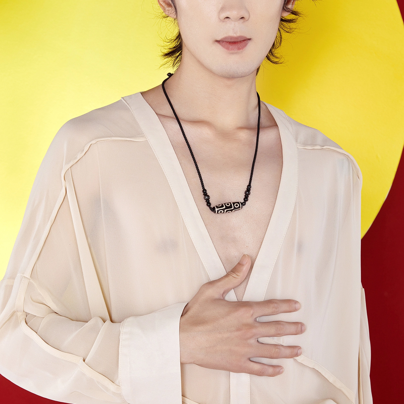 老银坊 一帆风顺 黑色复古玛瑙九眼天珠吊坠颈链 国风男士黑色编绳链 霸气转运黑檀木珠 玛瑙 编织链 男款