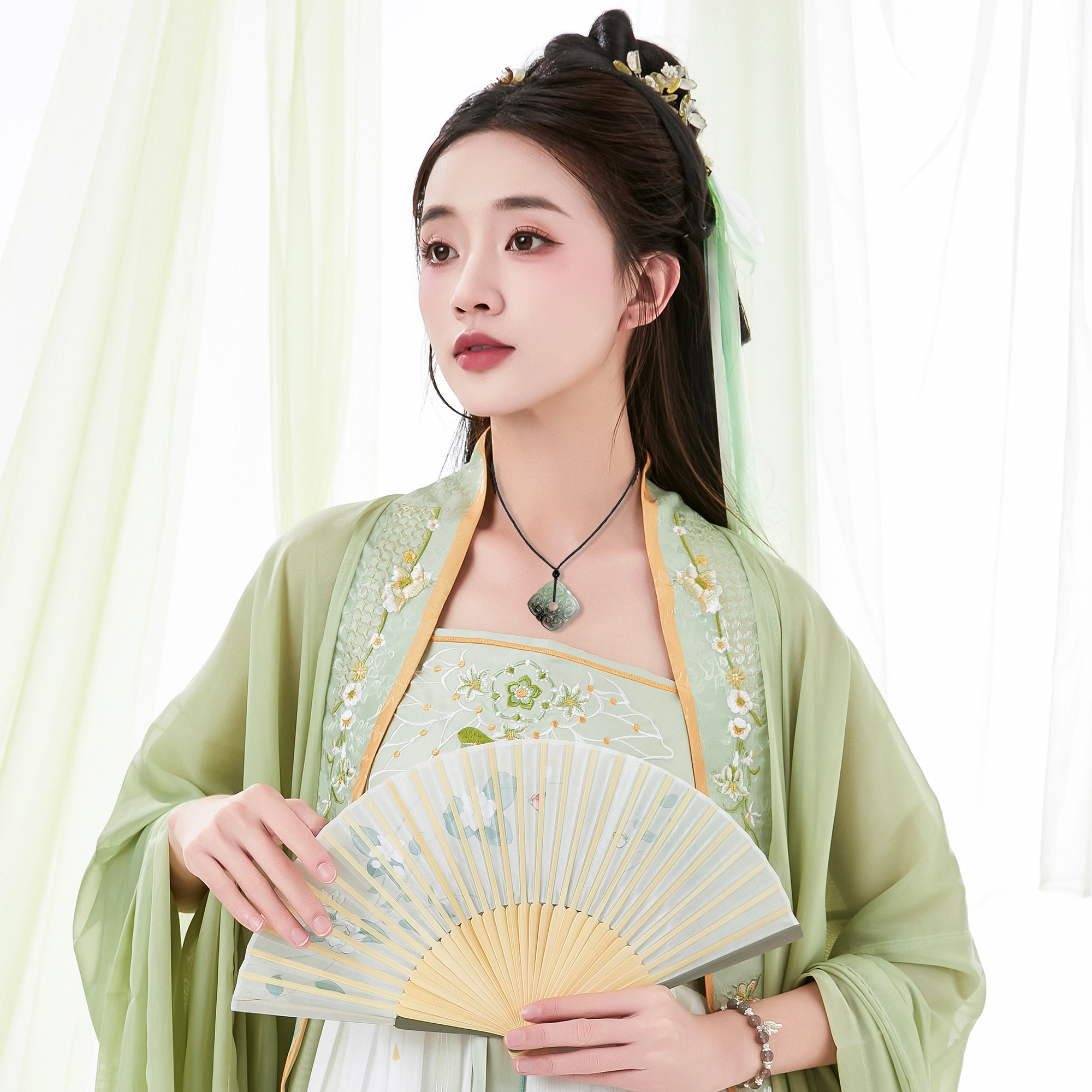 唐之饰 四方如意平安扣吊坠 新中式国风祥云招财转运四叶草复古国潮 高品质 原创经典 岫玉（蛇纹石玉） 玉石项链 通用