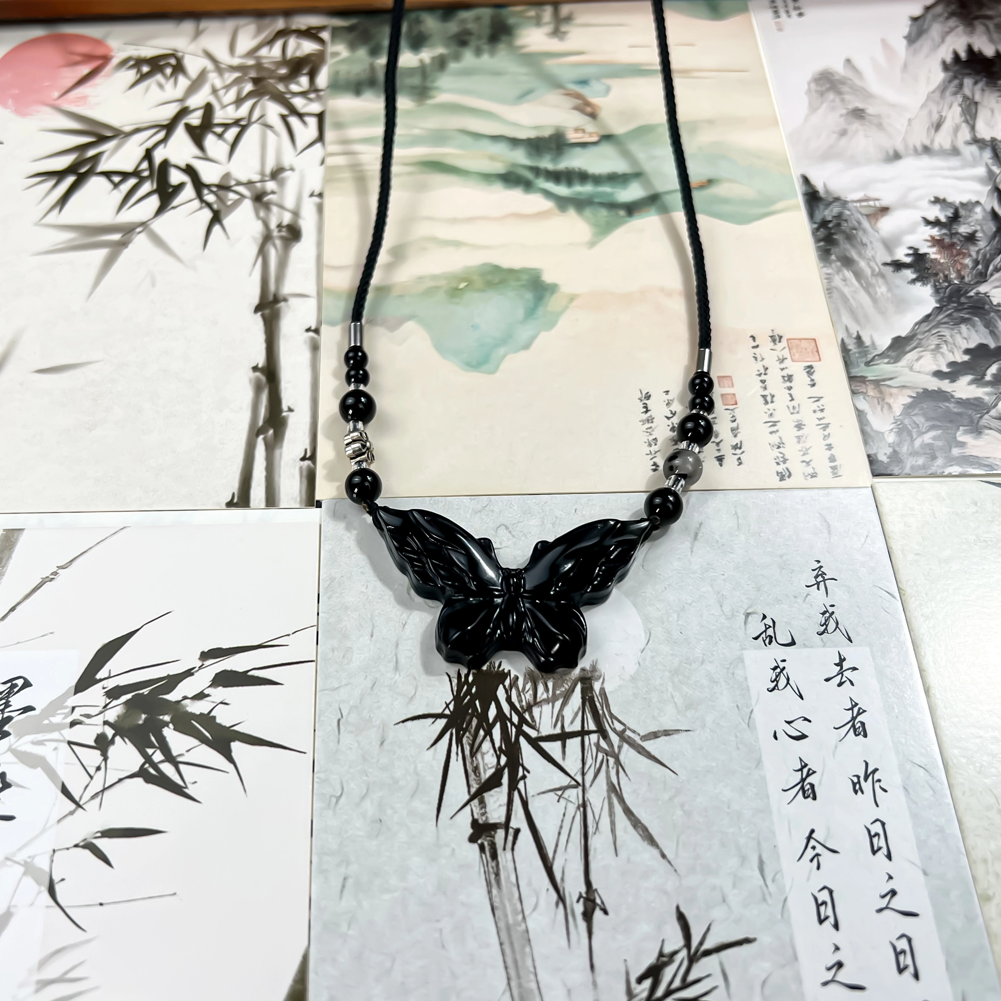 【高品质】 唐之饰 蝴蝶  正缘桃花 偶遇佳侣 新中式国潮原创设计小众 国风古风森系 岫玉（蛇纹石玉） 项链 男女同款情侣款