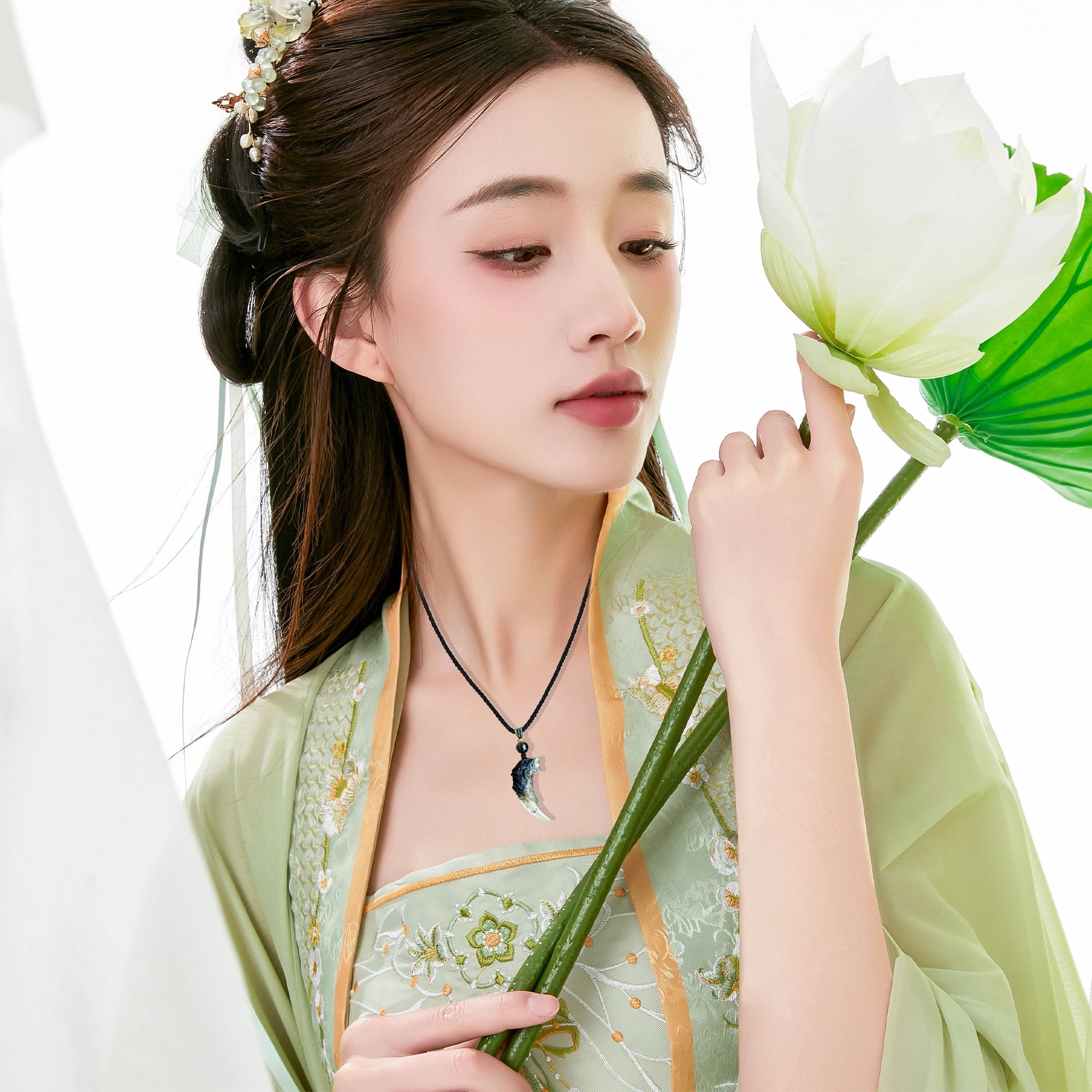 唐之饰 水墨渐变色狼牙 新中式复古国潮护身平安 一帆风顺 诸事顺利 立体雕刻 岫玉（蛇纹石玉） 项链 男女同款情侣款