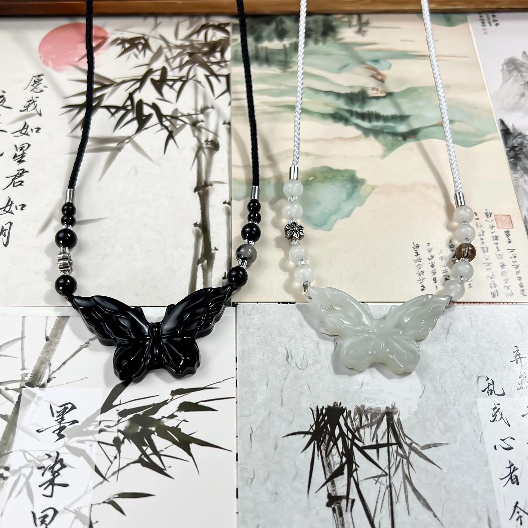 【高品质】 唐之饰 蝴蝶  正缘桃花 偶遇佳侣 新中式国潮原创设计小众 国风古风森系 岫玉（蛇纹石玉） 项链 男女同款情侣款
