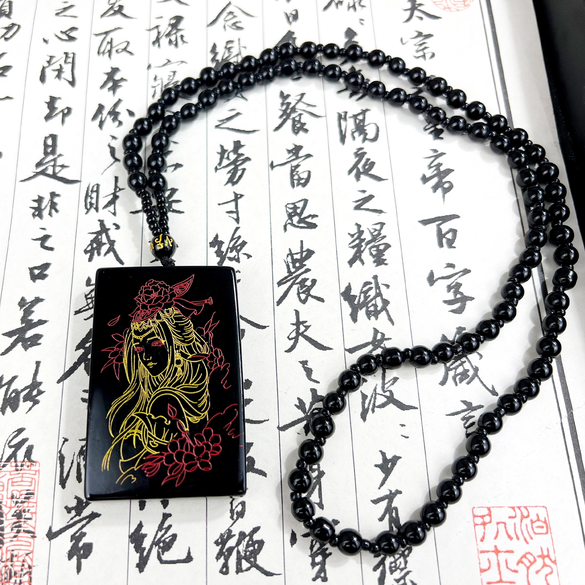 {手工绘色雕刻} 唐之饰 新创意设计玫瑰与她精雕玉佩小众百搭日常通勤配饰清晰纹理高级感暗黑风装饰品 黑曜石 项链 男女同款情侣款